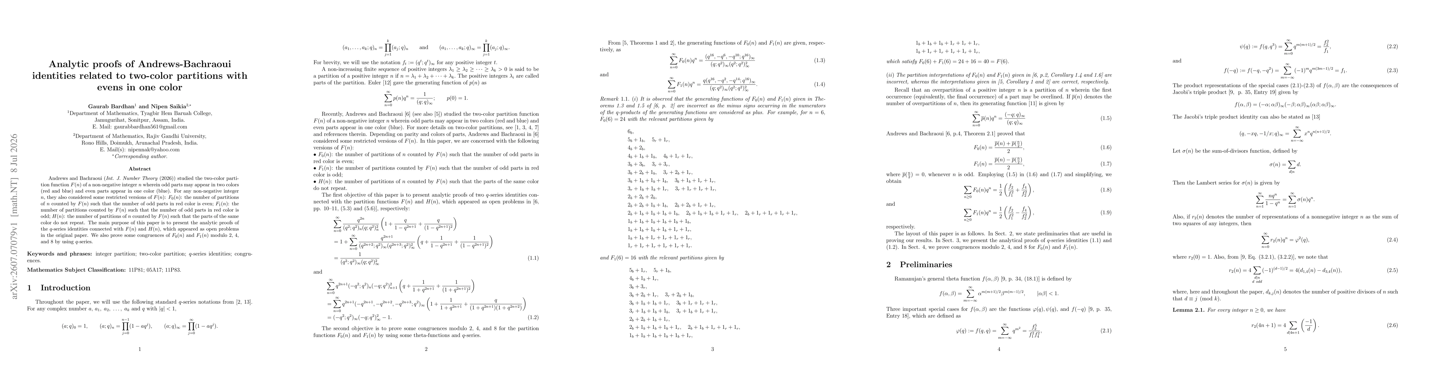 Thumbnail for Analytic proofs of Andrews-Bachraoui identities related to two-color partitions with evens in one color