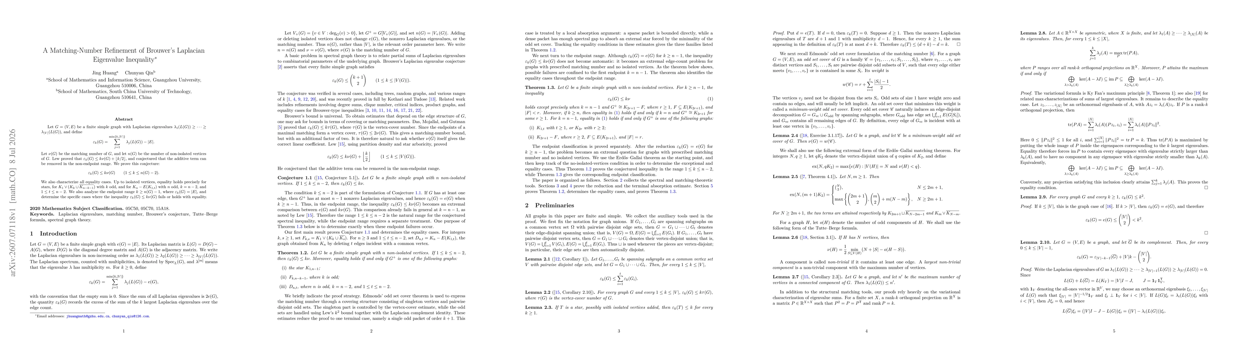 Thumbnail for A Matching-Number Refinement of Brouwer's Laplacian Eigenvalue Inequality