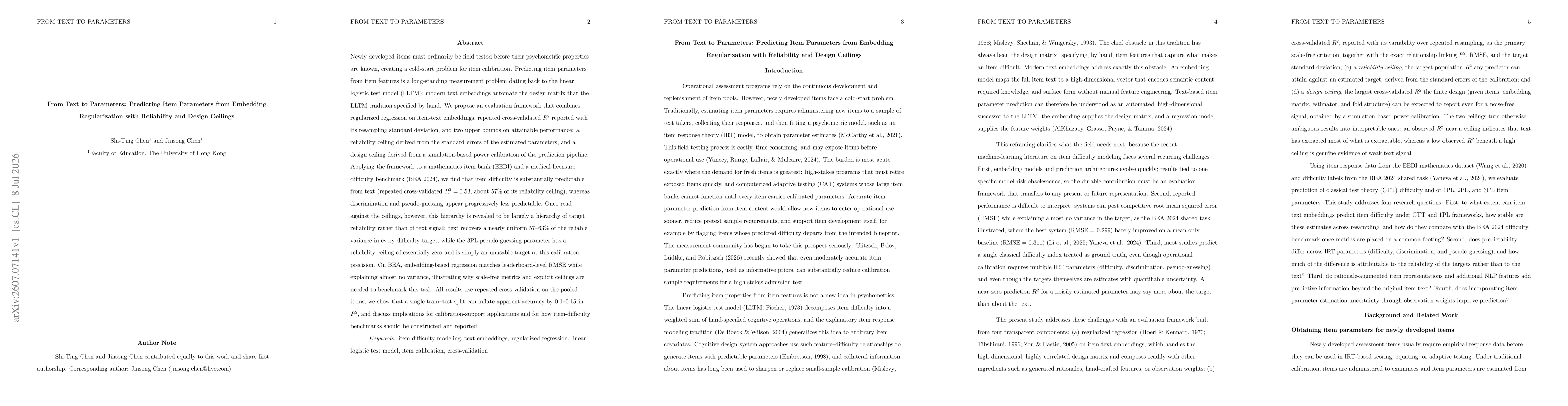 Thumbnail for From Text to Parameters: Predicting Item Parameters from Embedding Regularization with Reliability and Design Ceilings