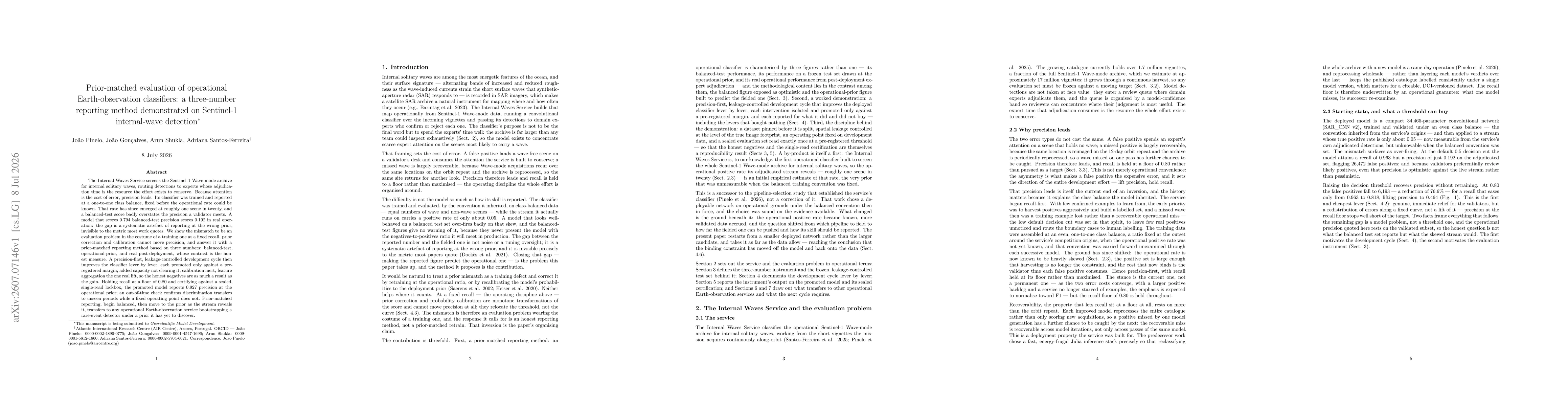 Thumbnail for Prior-matched evaluation of operational Earth-observation classifiers: a three-number reporting method demonstrated on Sentinel-1 internal-wave detection