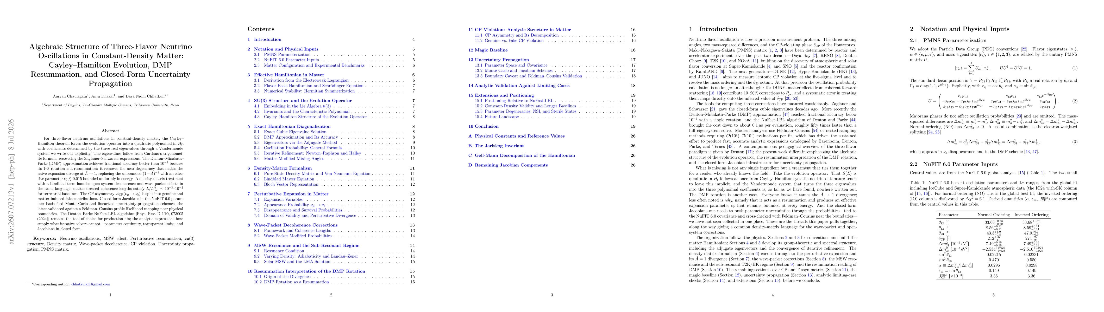 Thumbnail for Algebraic Structure of Three-Flavor Neutrino Oscillations in Constant-Density Matter: Cayley--Hamilton Evolution, DMP Resummation, and Closed-Form Uncertainty Propagation