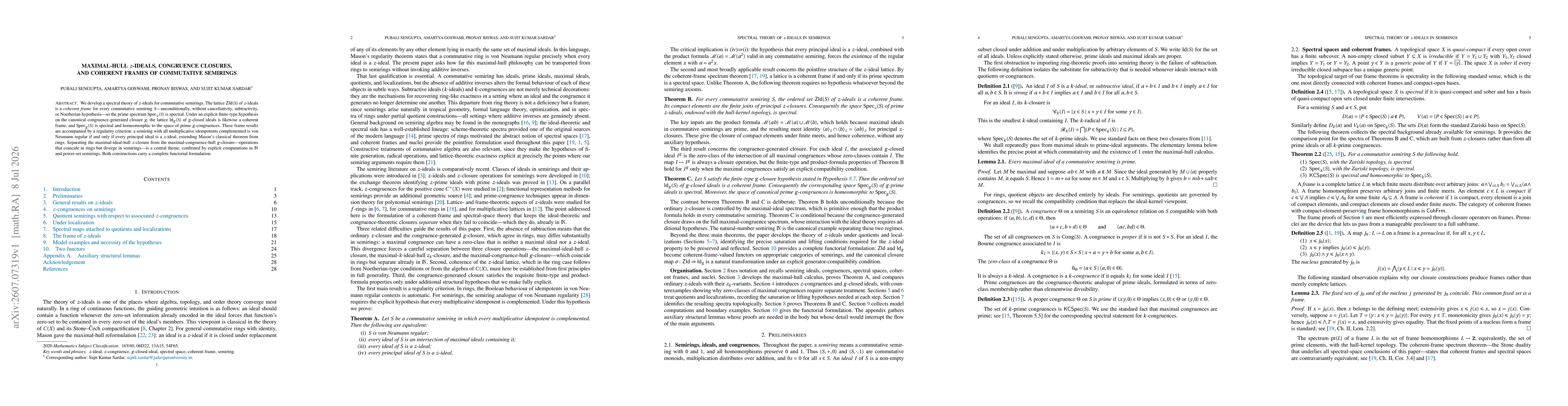 Thumbnail for Maximal-Hull $z$-Ideals, Congruence Closures, and Coherent Frames of Commutative Semirings