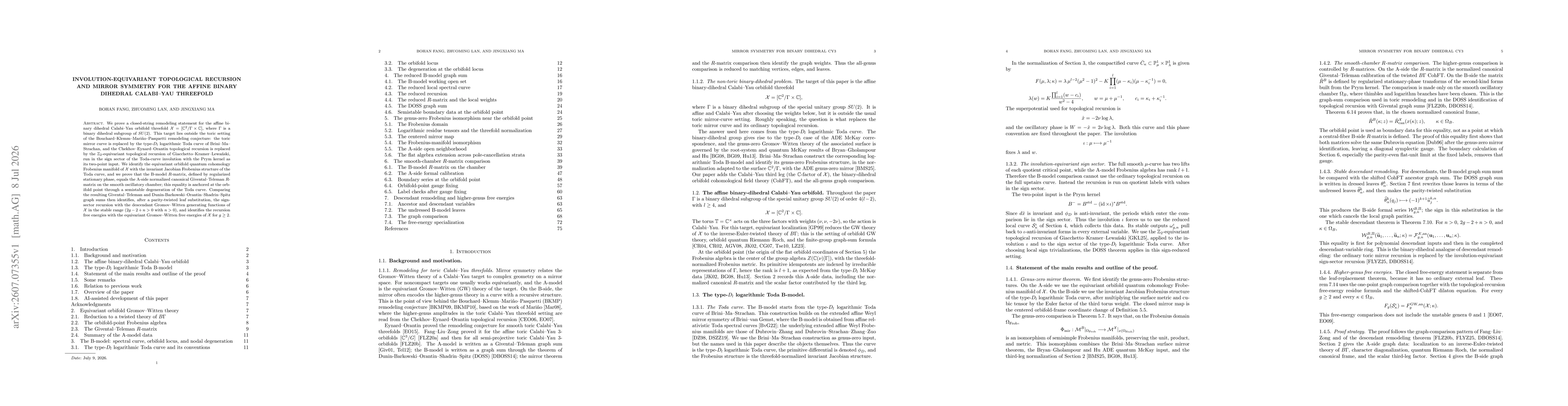 Thumbnail for Involution-equivariant topological recursion and mirror symmetry for the affine binary dihedral Calabi--Yau threefold