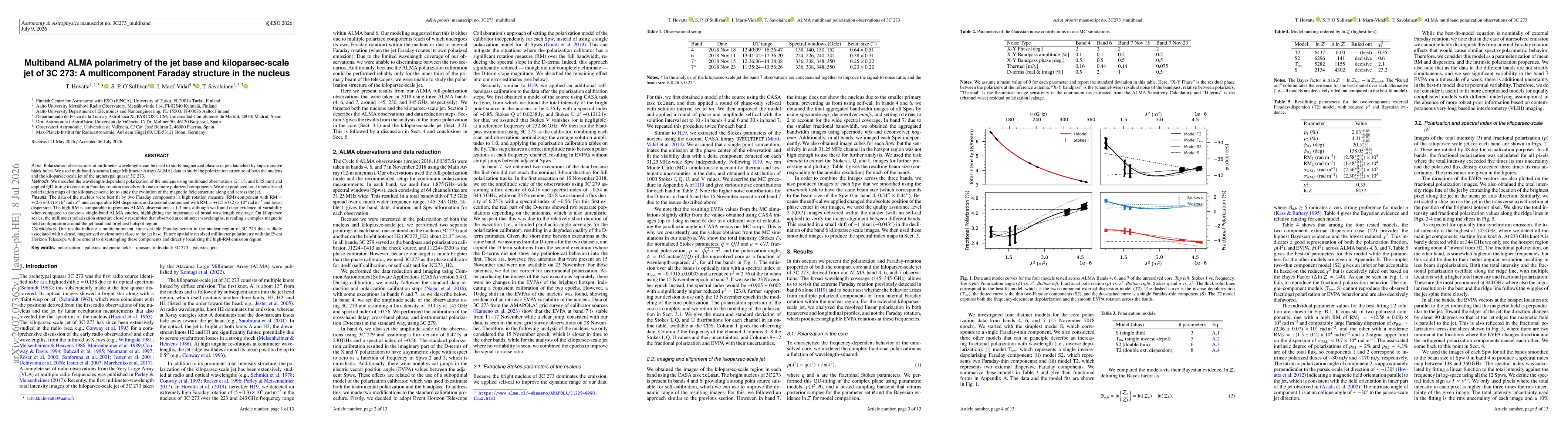 Thumbnail for Multiband ALMA polarimetry of the jet base and kiloparsec-scale jet of 3C 273: A multicomponent Faraday structure in the nucleus
