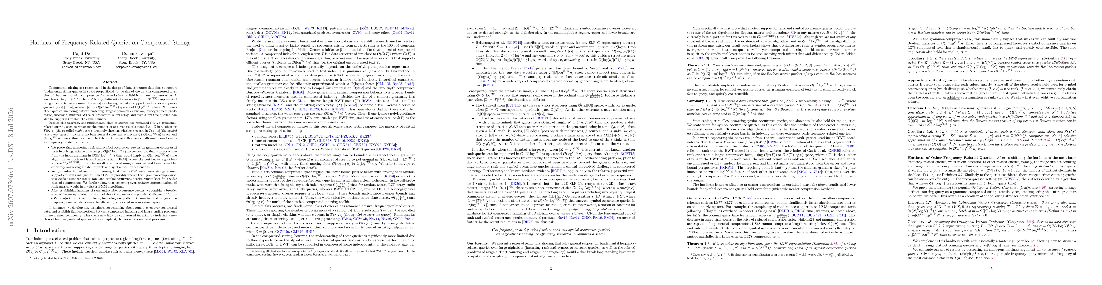 Thumbnail for Hardness of Frequency-Related Queries on Compressed Strings
