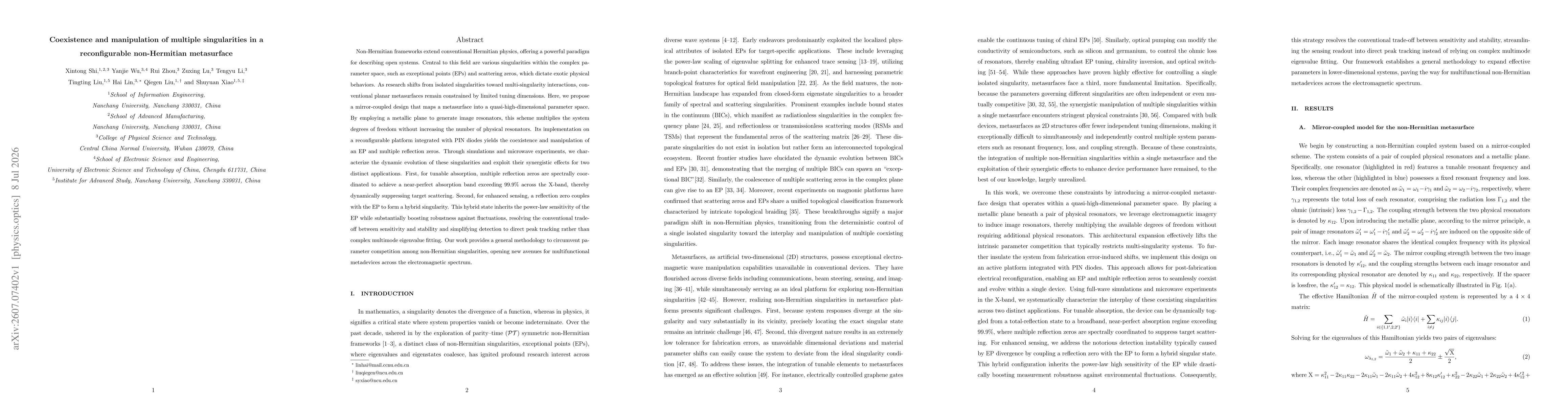 Thumbnail for Coexistence and manipulation of multiple singularities in a reconfigurable non-Hermitian metasurface