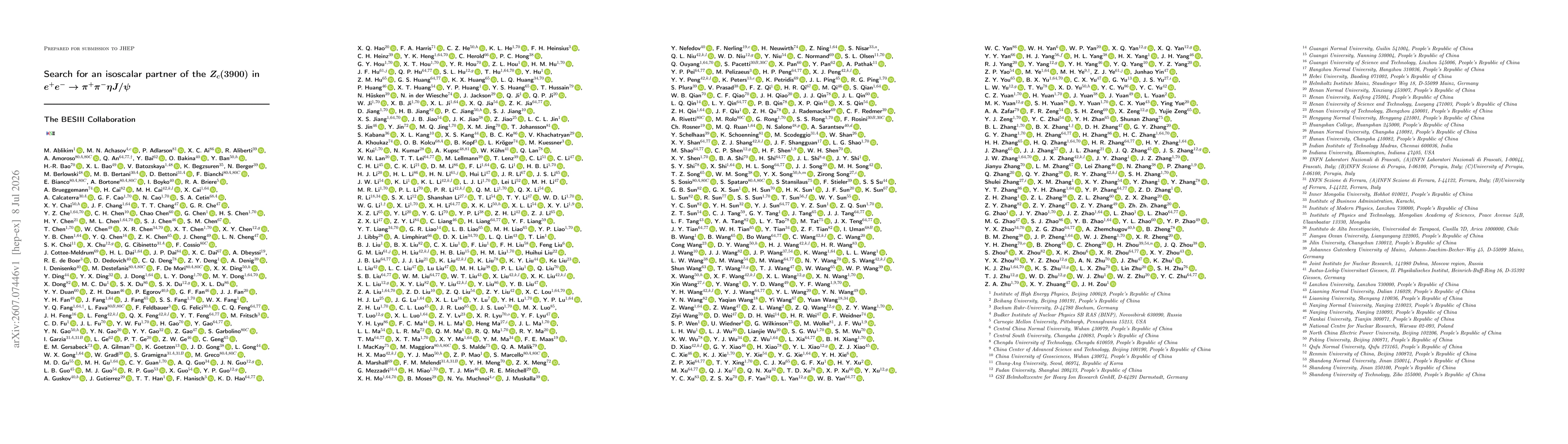 Thumbnail for Search for an isoscalar partner of the $Z_c(3900)$ in $e^+e^-\toπ^+π^-ηJ/ψ$