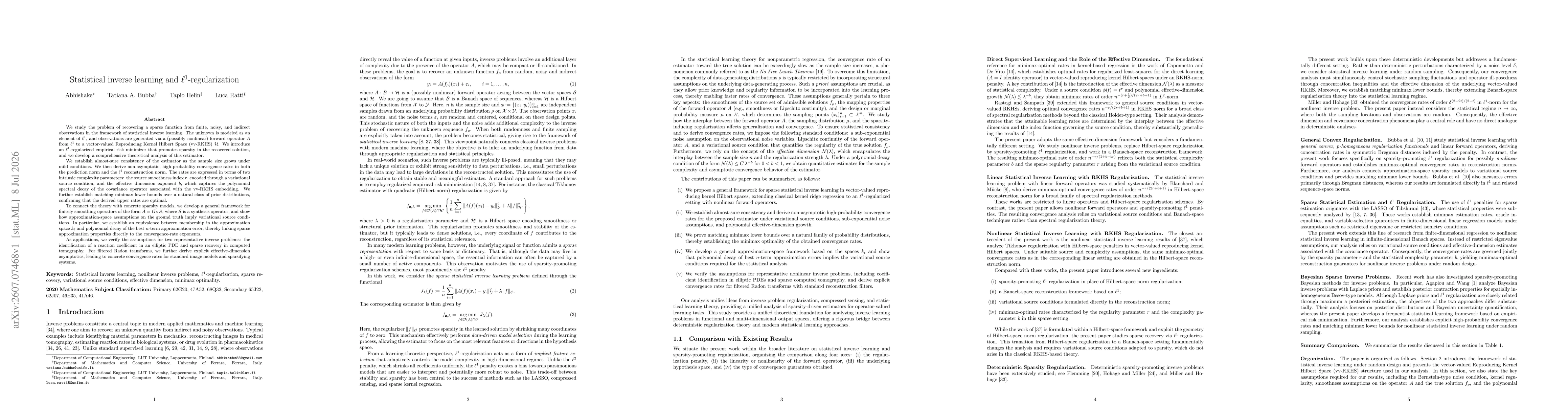 Thumbnail for Statistical inverse learning and $\ell^1$-regularization