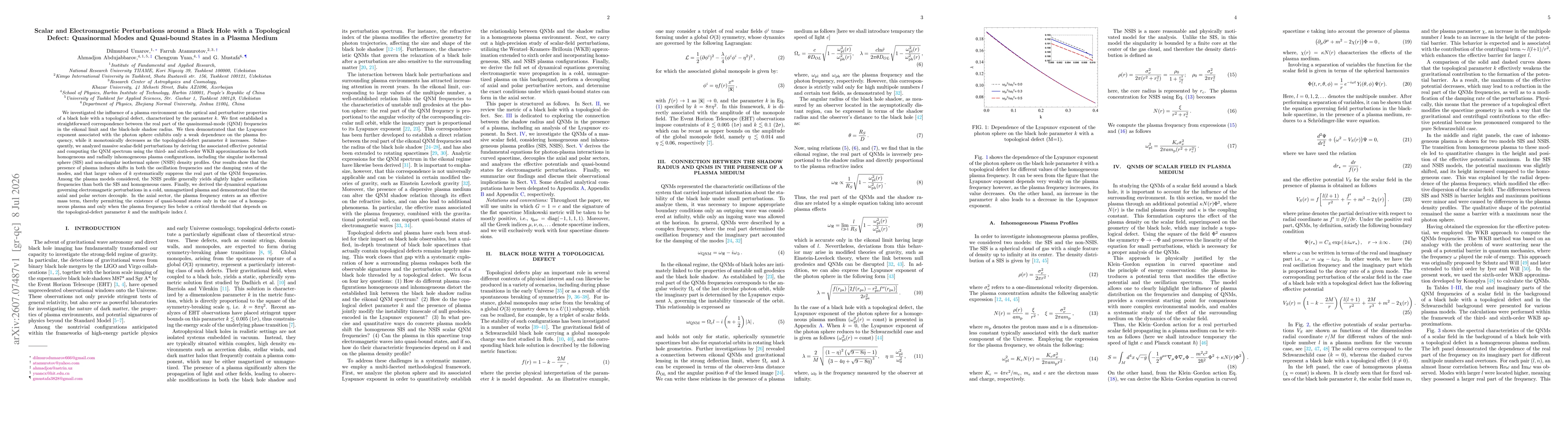 Thumbnail for Scalar and Electromagnetic Perturbations around a Black Hole with a Topological Defect: Quasinormal Modes and Quasi-bound States in a Plasma Medium