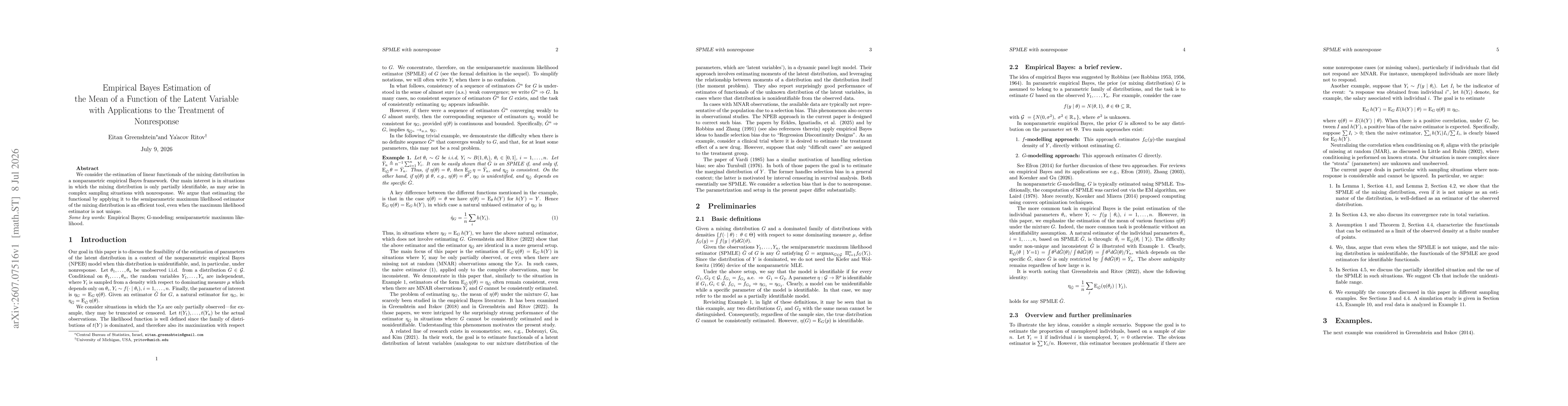Thumbnail for Empirical Bayes Estimation of the Mean of a Function of the Latent Variable with Applications to the Treatment of Nonresponse
