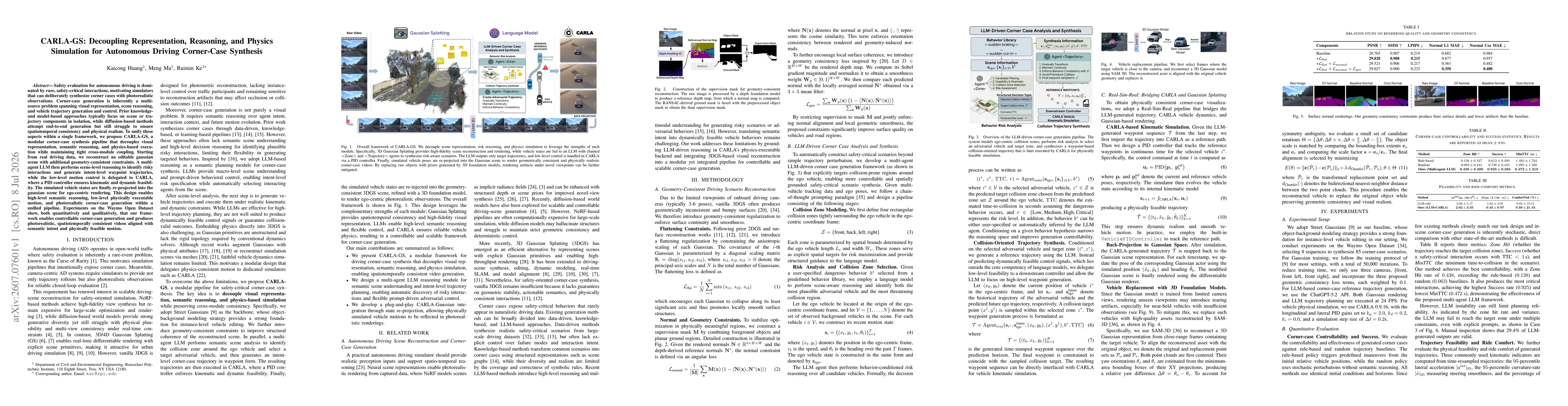 Thumbnail for CARLA-GS: Decoupling Representation, Reasoning, and Physics Simulation for Autonomous Driving Corner-Case Synthesis