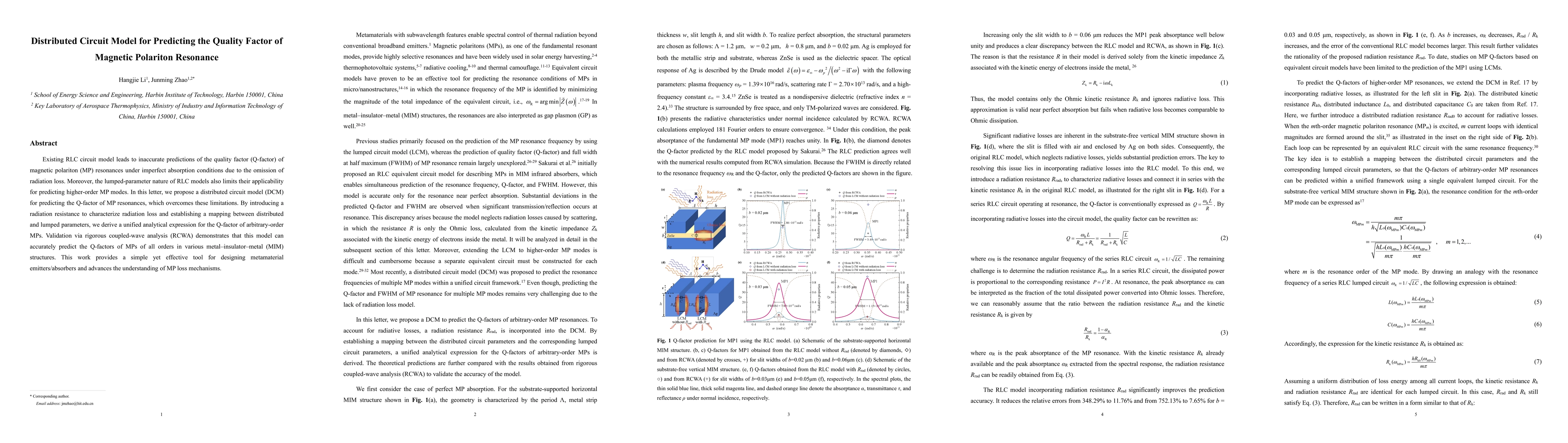Thumbnail for Distributed Circuit Model for Predicting the Quality Factor of Magnetic Polariton Resonance