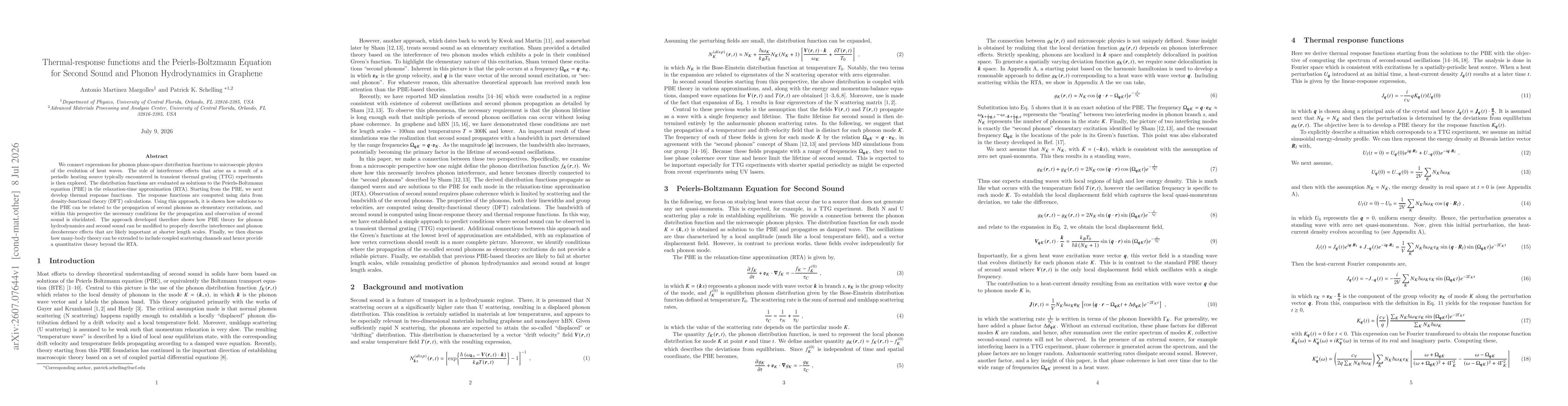 Thumbnail for Thermal-response Functions and the Peierls-Boltzmann Equation for Second Sound and Phonon Hydrodynamics in Graphene