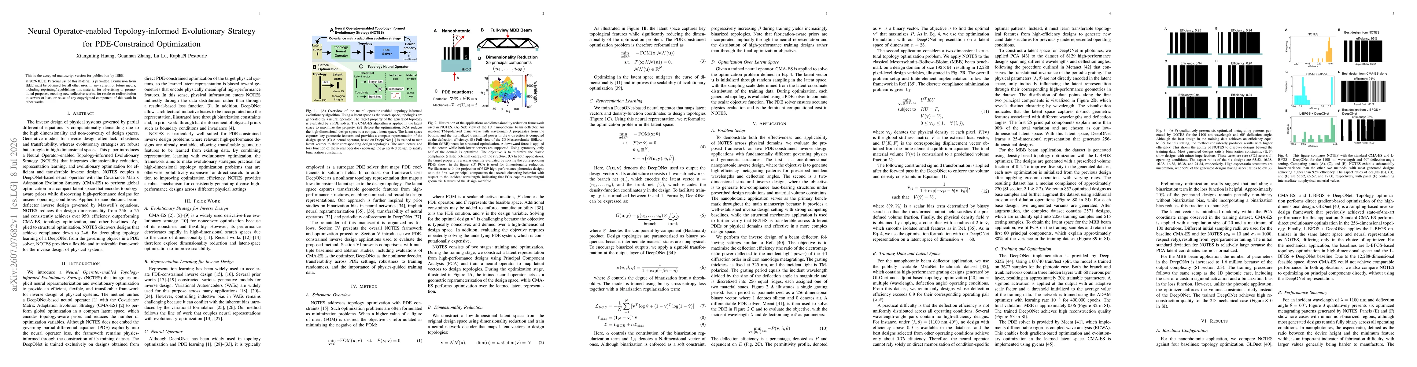 Thumbnail for Neural Operator-enabled Topology-informed Evolutionary Strategy for PDE-Constrained Optimization