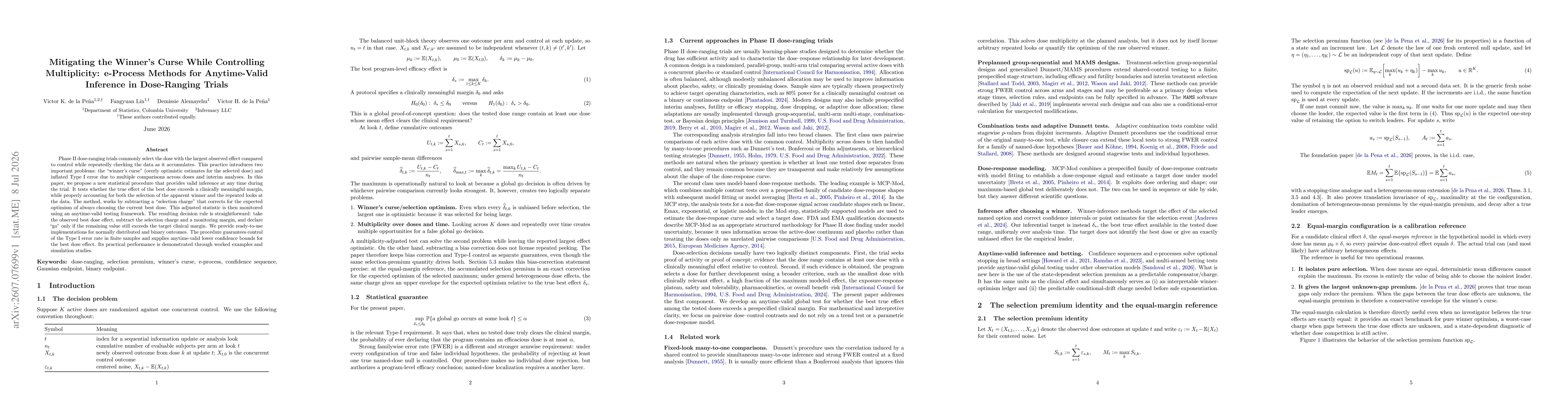 Thumbnail for Mitigating the Winner's Curse While Controlling Multiplicity: e-Process Methods for Anytime-Valid Inference in Dose-Ranging Trials