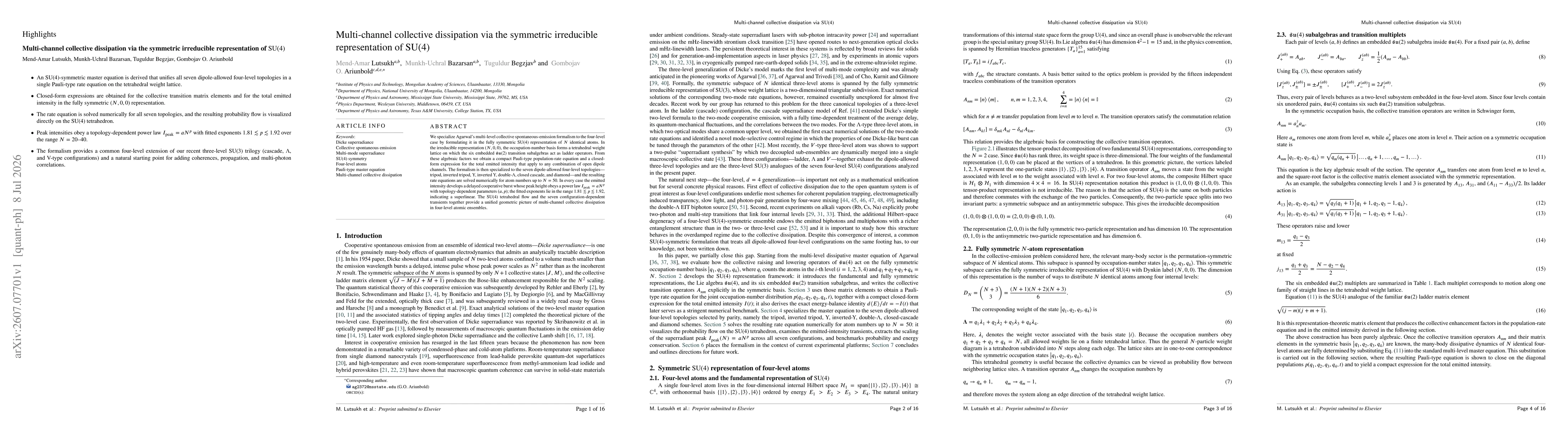 Thumbnail for Multi-channel collective dissipation via the symmetric irreducible representation of SU(4)