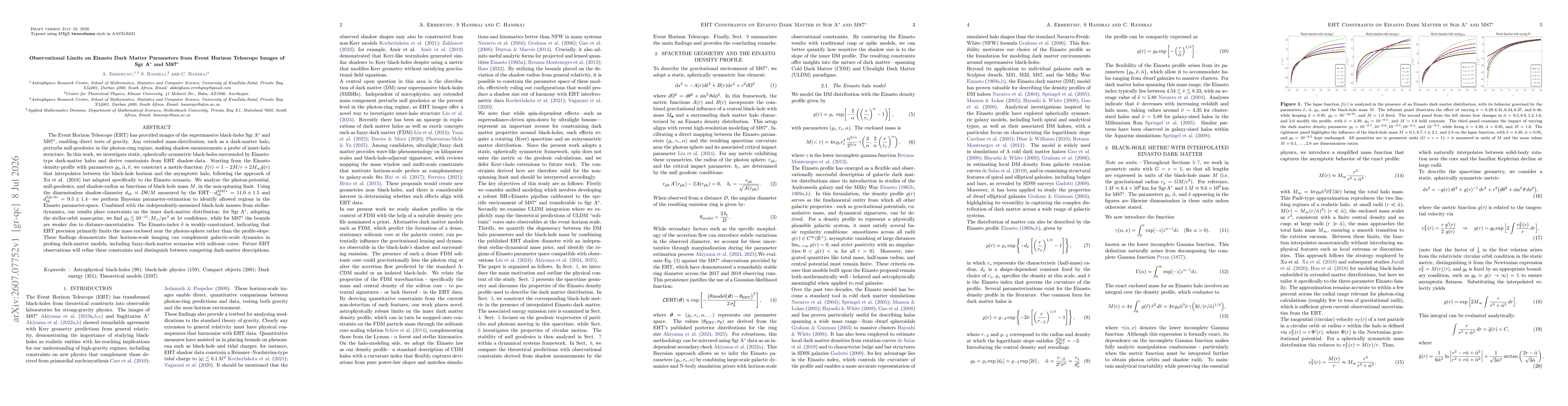 Thumbnail for Observational Limits on Einasto Dark Matter Parameters from Event Horizon Telescope Images of Sgr A$^{*}$ and M87$^{*}$