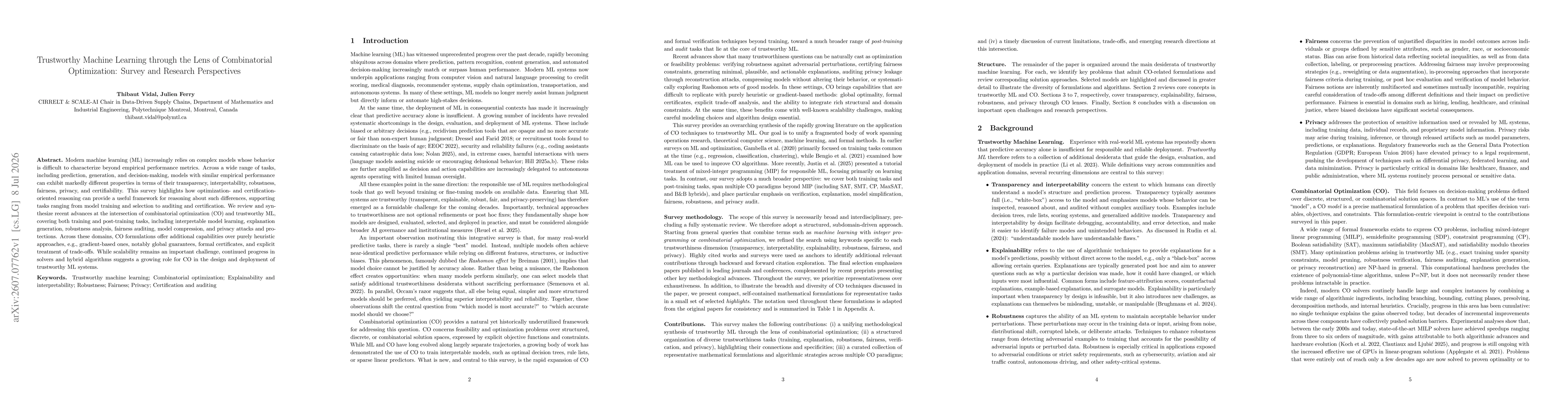 Thumbnail for Trustworthy Machine Learning through the Lens of Combinatorial Optimization: Survey and Research Perspectives