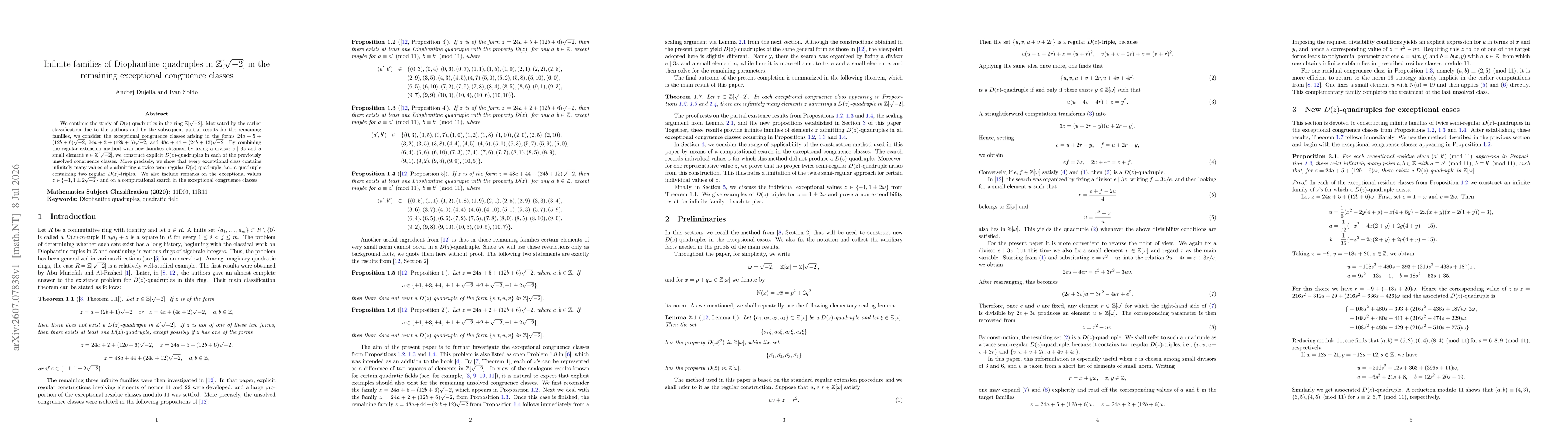 Thumbnail for Infinite families of Diophantine quadruples in $\mathbb{Z}[\sqrt{-2}]$ in the remaining exceptional congruence classes