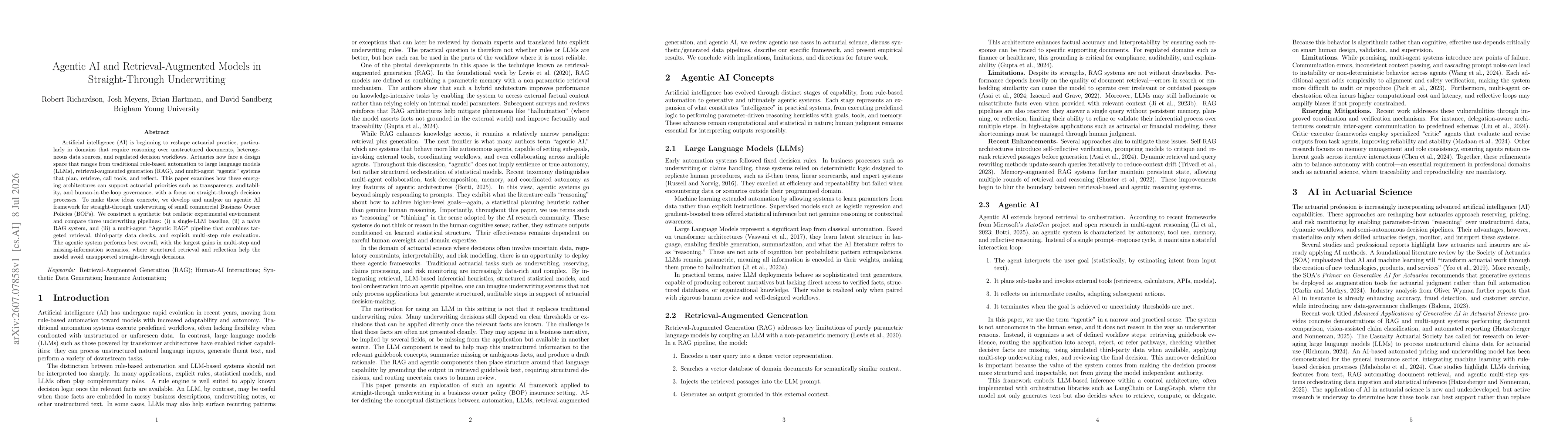 Thumbnail for Agentic AI and Retrieval-Augmented Models in Straight-Through Underwriting