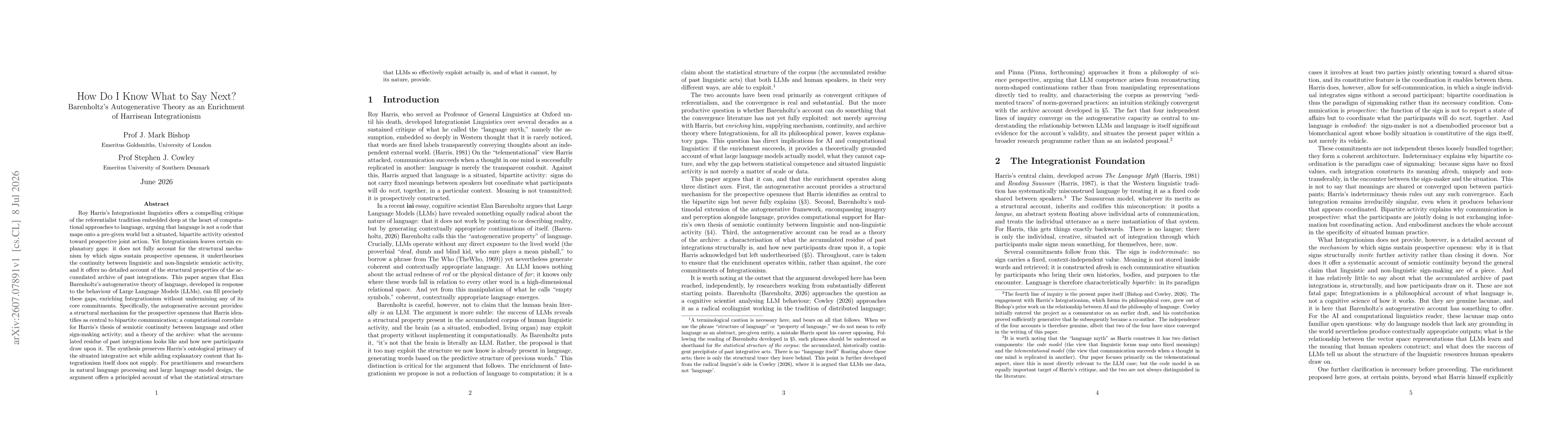 Thumbnail for How Do I Know What to Say Next? Barenholtz's Autogenerative Theory as an Enrichment of Harrisean Integrationism
