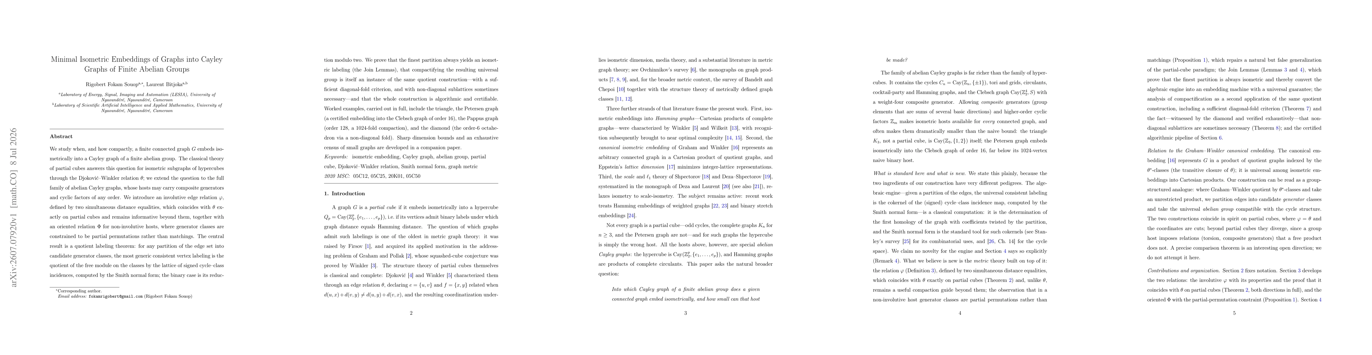 Thumbnail for Minimal Isometric Embeddings of Graphs into Cayley Graphs of Finite Abelian Groups