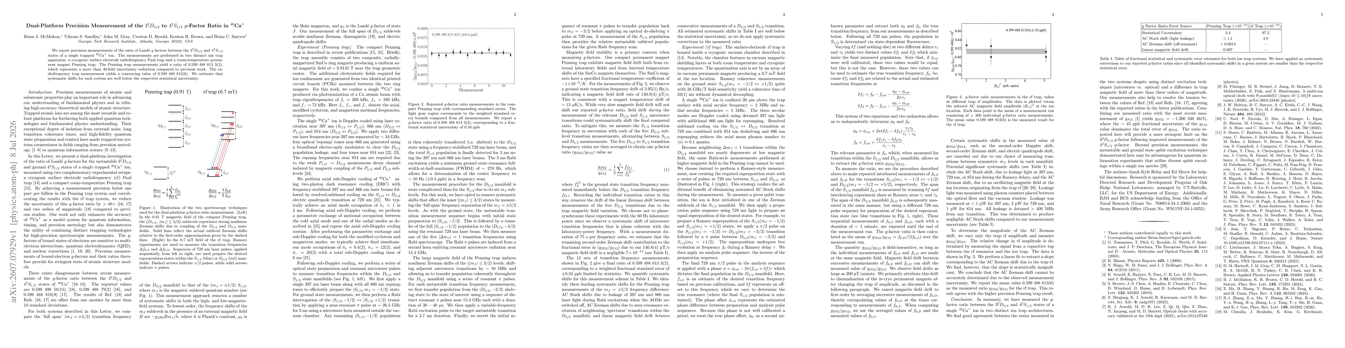Thumbnail for Dual-Platform Precision Measurement of the $3^2D_{5/2}$ to $4^2S_{1/2}$ $g$-Factor Ratio in $^{40}\text{Ca}^+$