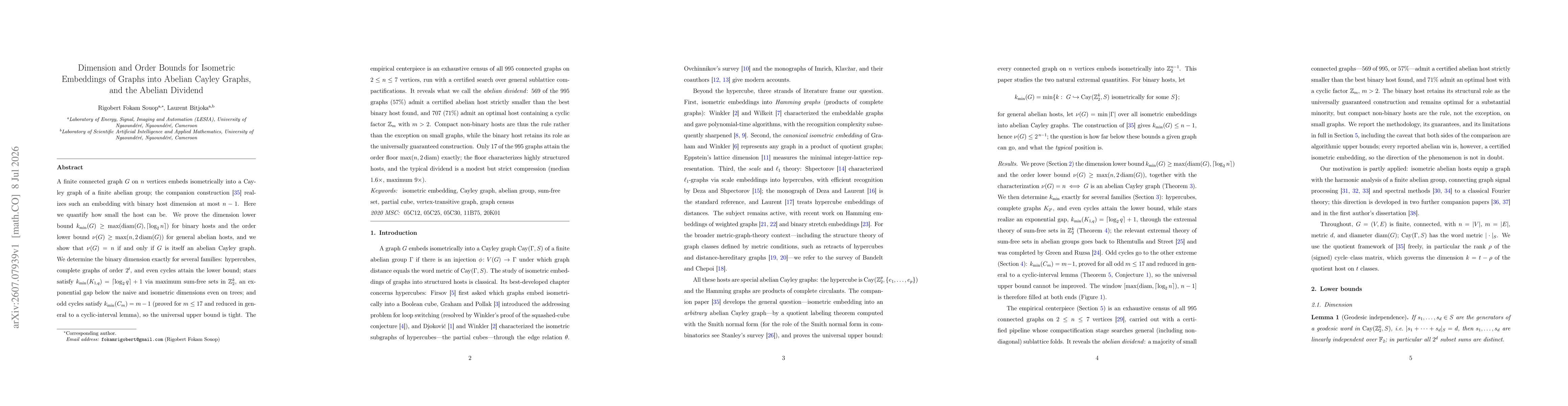 Thumbnail for Dimension and Order Bounds for Isometric Embeddings of Graphs into Abelian Cayley Graphs, and the Abelian Dividend