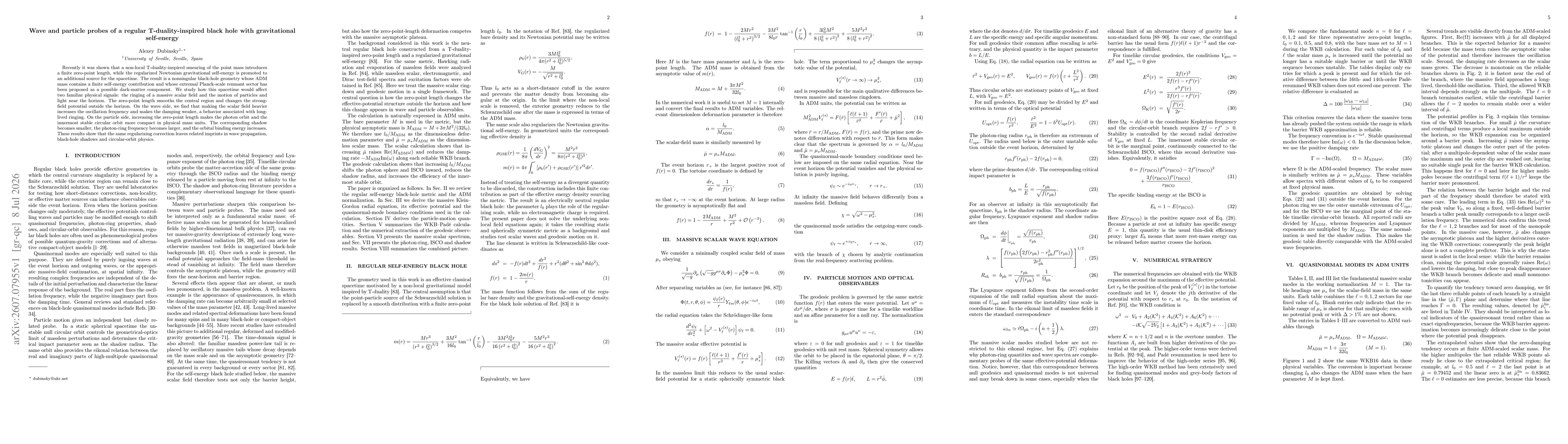 Thumbnail for Wave and particle probes of a regular T-duality-inspired black hole with gravitational self-energy