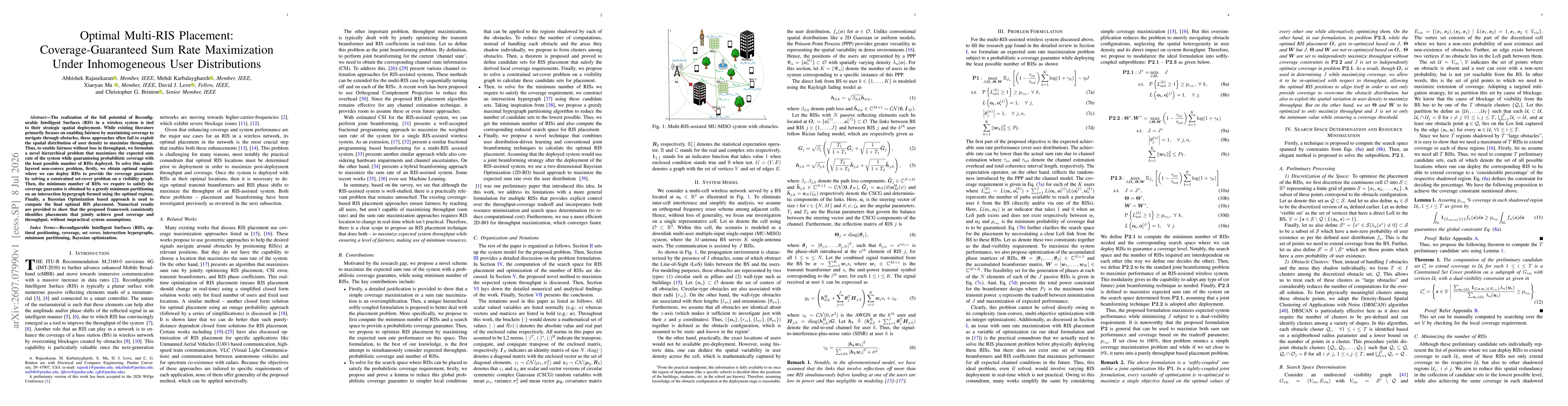 Thumbnail for Optimal Multi-RIS Placement: Coverage-Guaranteed Sum Rate Maximization Under Inhomogeneous User Distributions