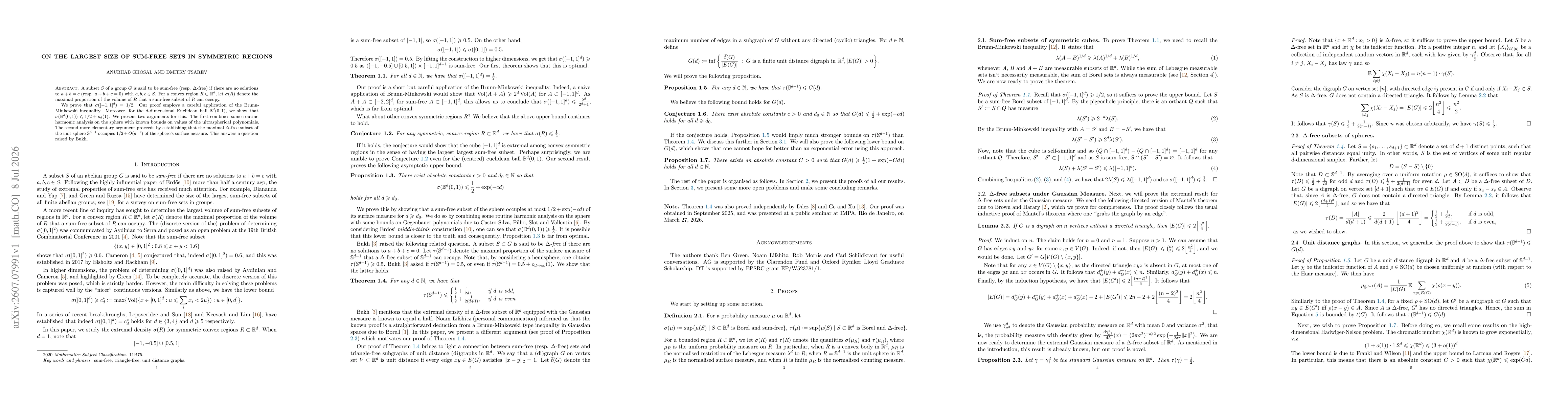 Thumbnail for On the largest size of sum-free sets in symmetric regions