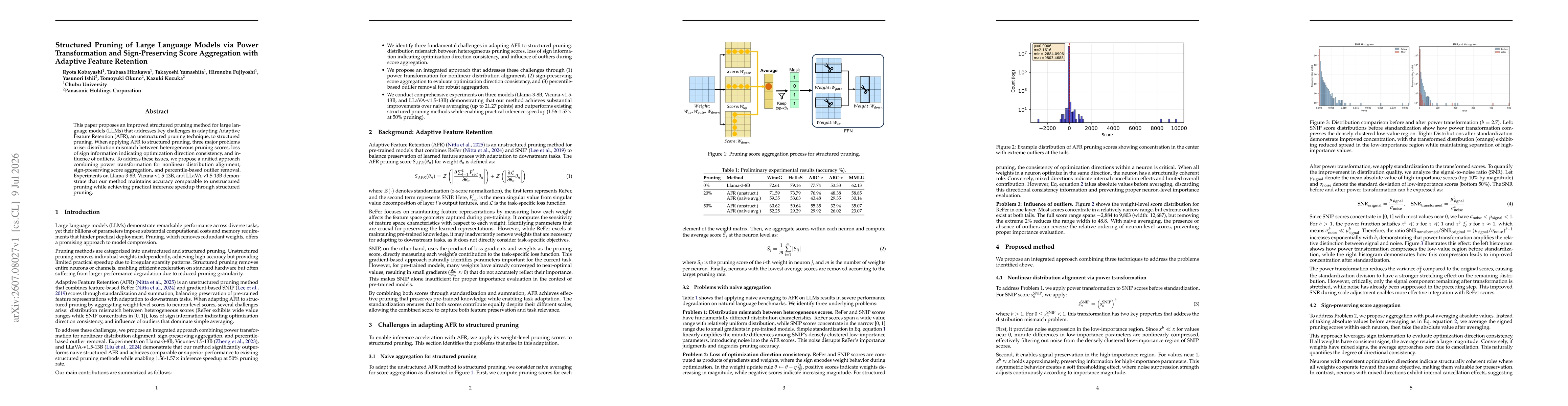 Thumbnail for Structured Pruning of Large Language Models via Power Transformation and Sign-Preserving Score Aggregation with Adaptive Feature Retention
