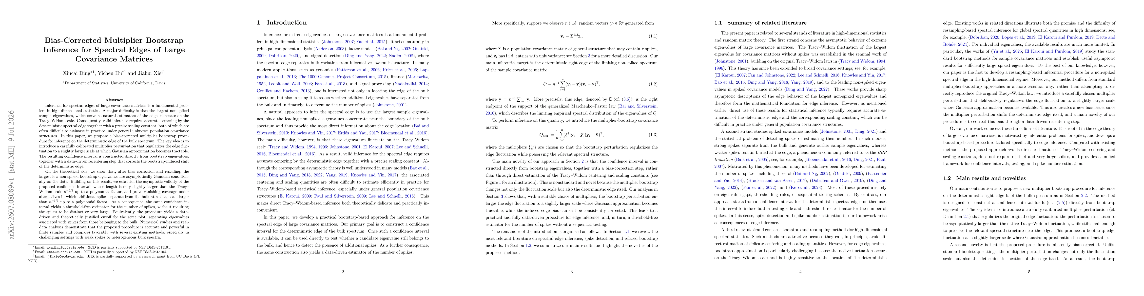 Thumbnail for Bias-Corrected Multiplier Bootstrap Inference for Spectral Edges of Large Covariance Matrices