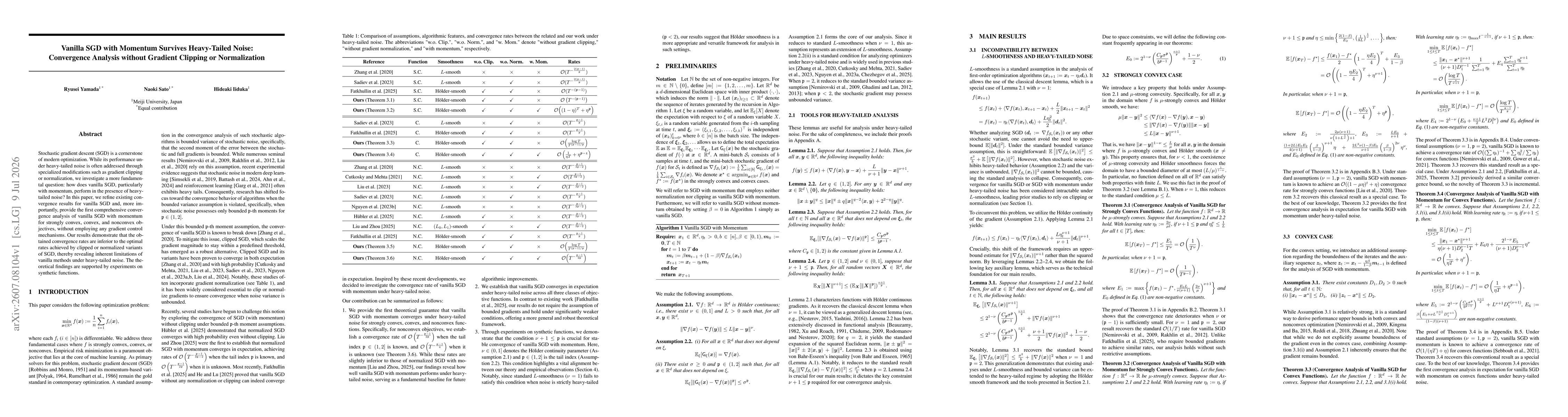 Thumbnail for Vanilla SGD with Momentum Survives Heavy-Tailed Noise: Convergence Analysis without Gradient Clipping or Normalization