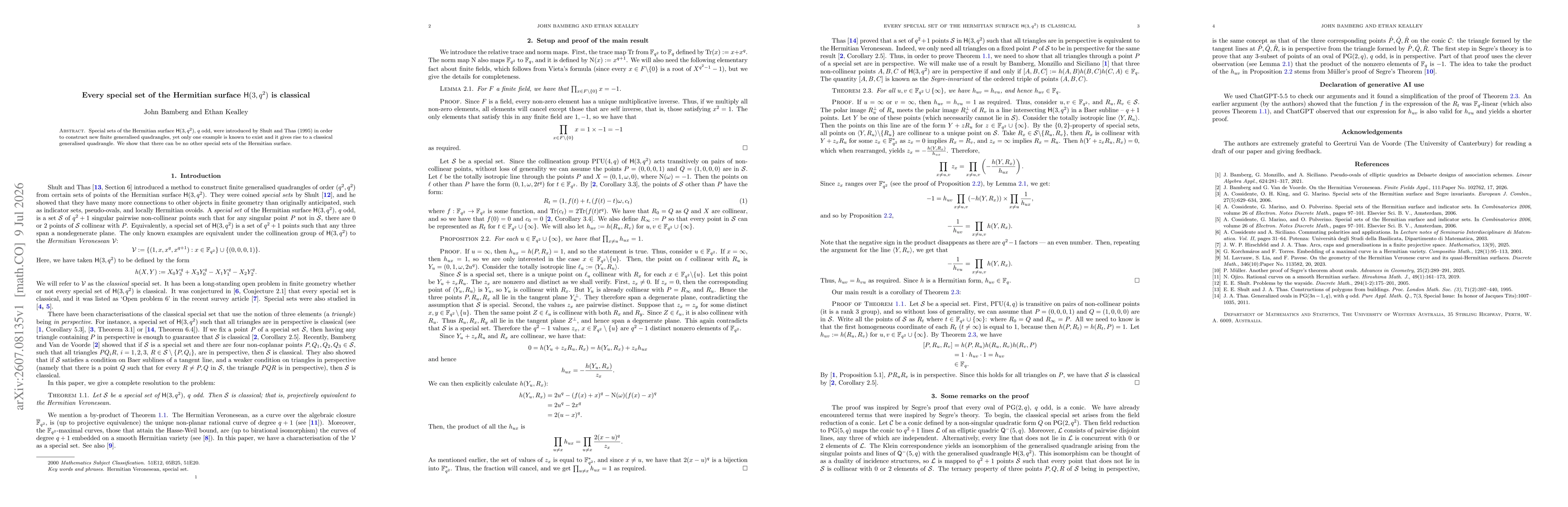 Thumbnail for Every special set of the Hermitian surface $\mathsf{H}(3,q^2)$ is classical