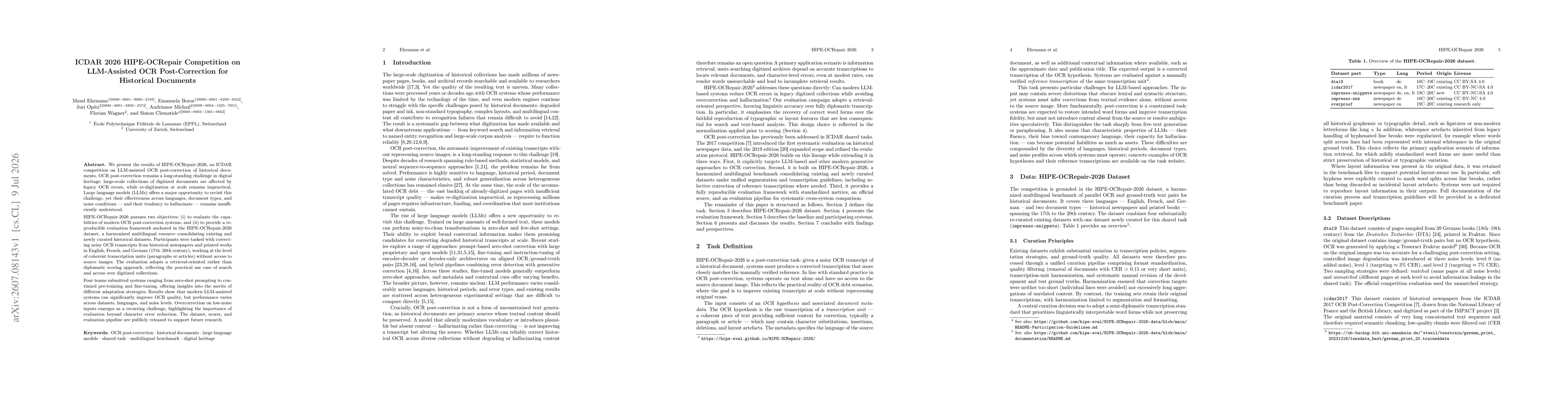 Thumbnail for ICDAR 2026 HIPE-OCRepair Competition on LLM-Assisted OCR Post-Correction for Historical Documents