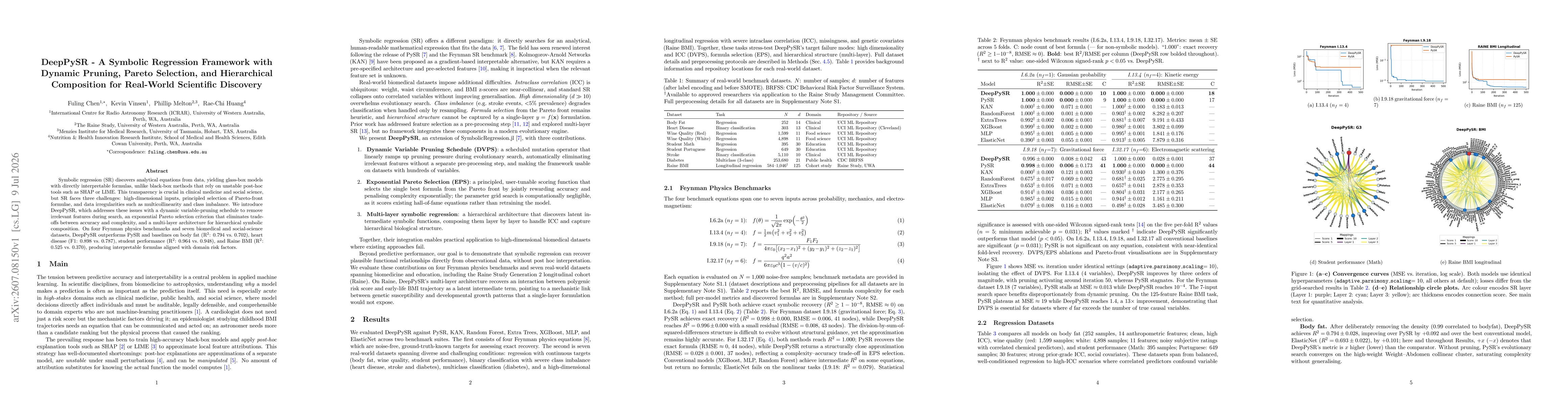 Thumbnail for DeepPySR -- A Symbolic Regression Framework with Dynamic Pruning, Pareto Selection, and Hierarchical Composition for Real-World Scientific Discovery