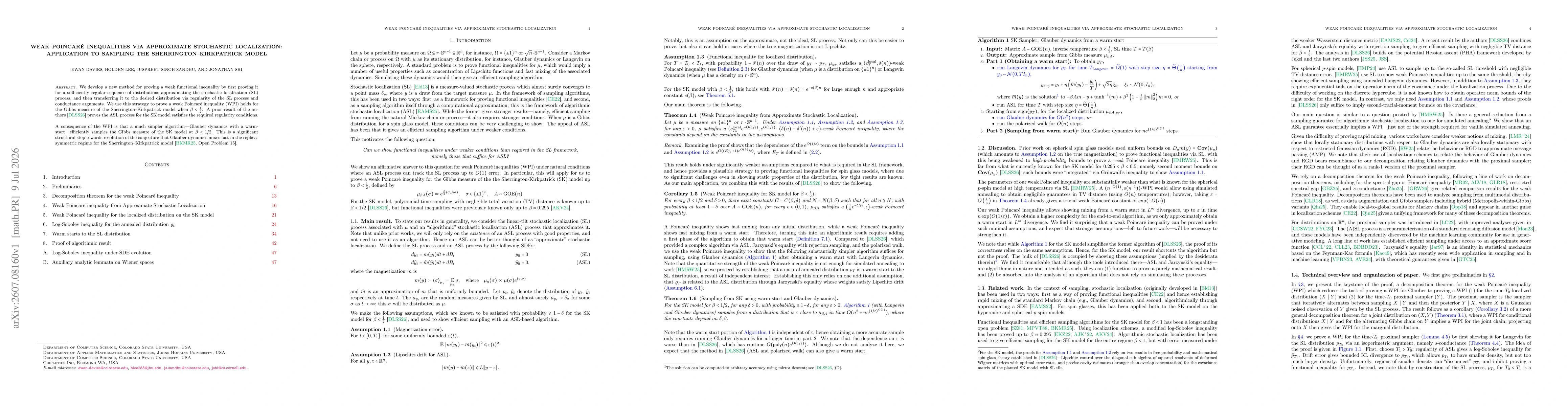Thumbnail for Weak Poincaré Inequalities via Approximate Stochastic Localization: Application to Sampling the Sherrington-Kirkpatrick Model