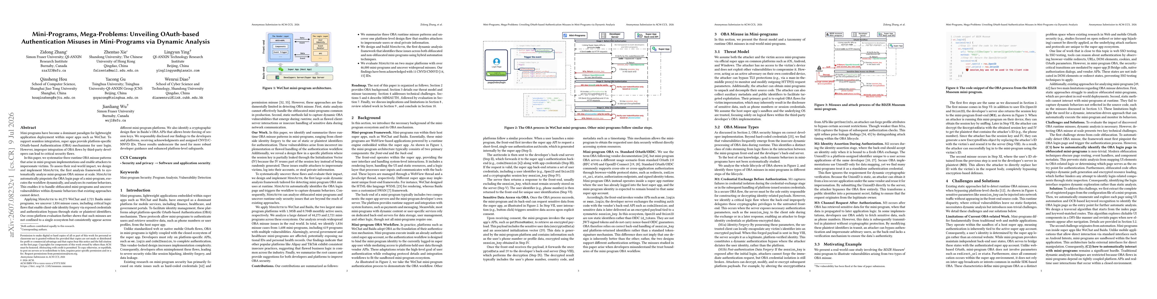 Thumbnail for Mini-Programs, Mega-Problems: Unveiling OAuth-based Authentication Misuses in Mini-Programs via Dynamic Analysis