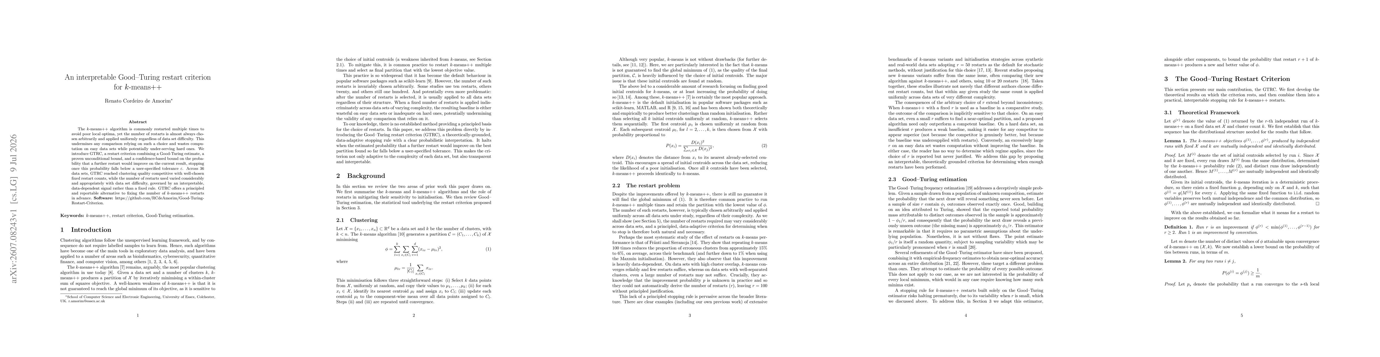 Thumbnail for An interpretable Good--Turing restart criterion for k-means++