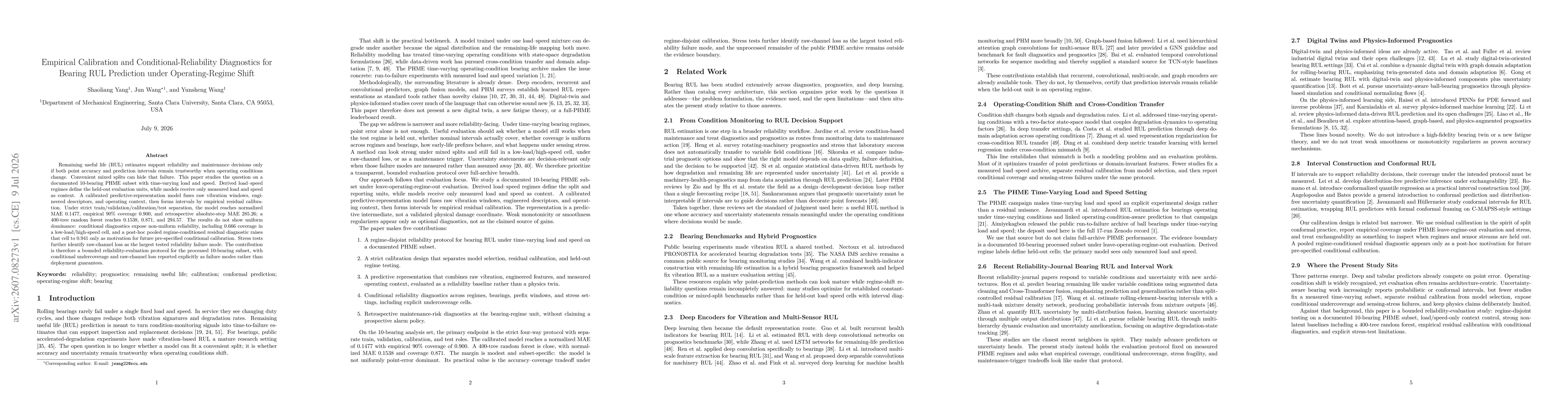 Thumbnail for Empirical Calibration and Conditional-Reliability Diagnostics for Bearing RUL Prediction under Operating-Regime Shift