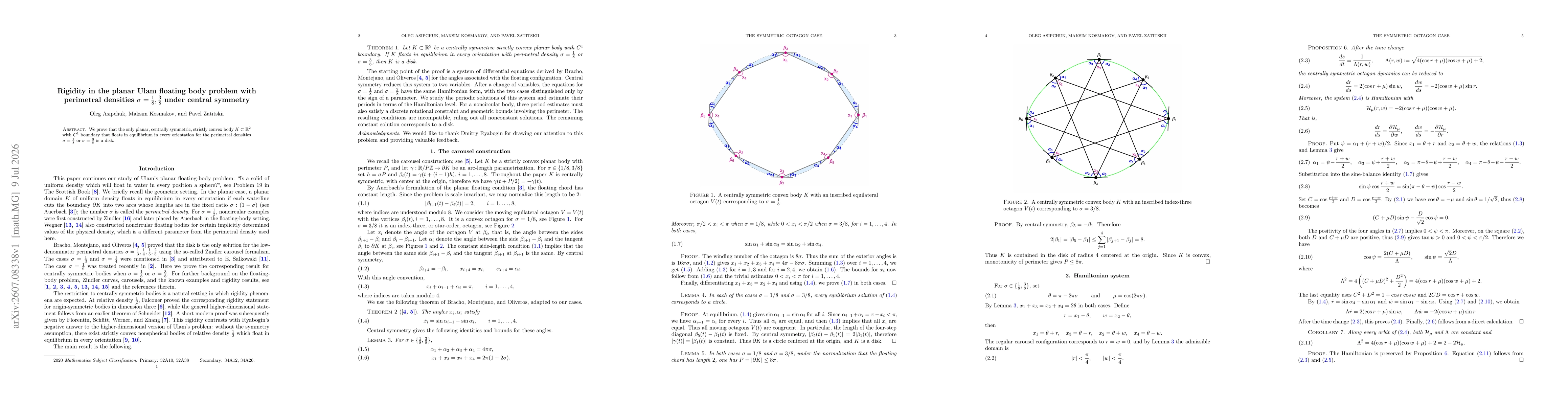 Thumbnail for Rigidity in the planar Ulam floating body problem with perimetral densities $σ=\tfrac18,\tfrac38$ under central symmetry