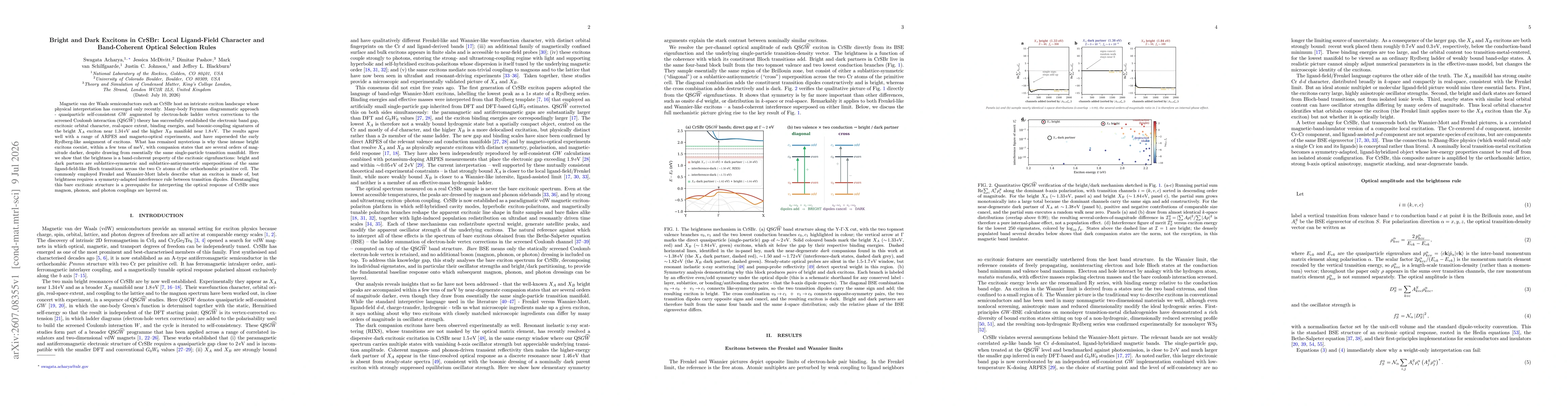 Thumbnail for Bright and Dark Excitons in CrSBr: Local Ligand-Field Character and Band-Coherent Optical Selection Rules