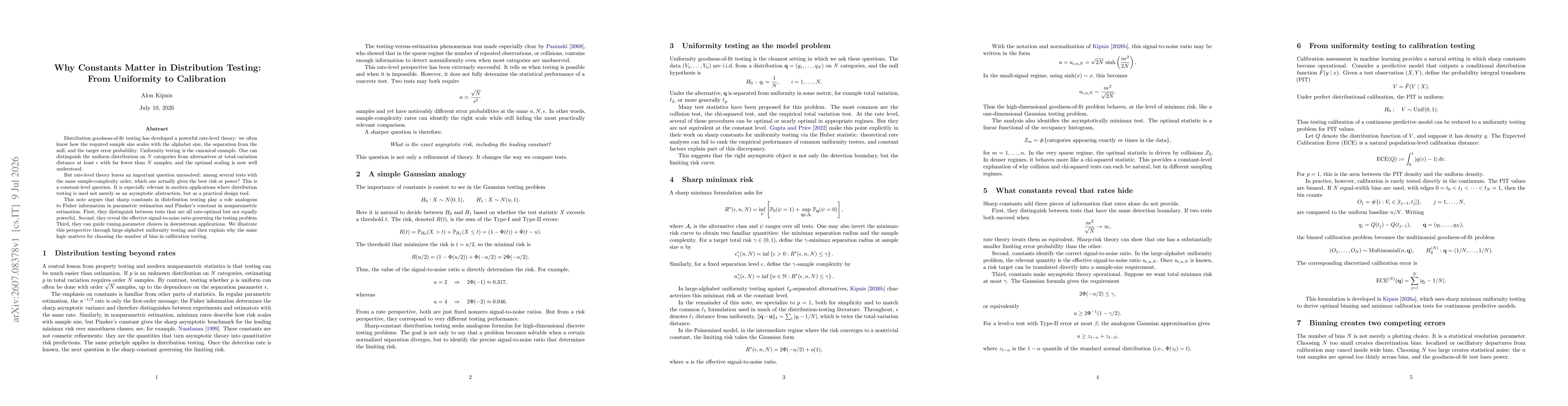 Thumbnail for Why Constants Matter in Distribution Testing: From Uniformity to Calibration