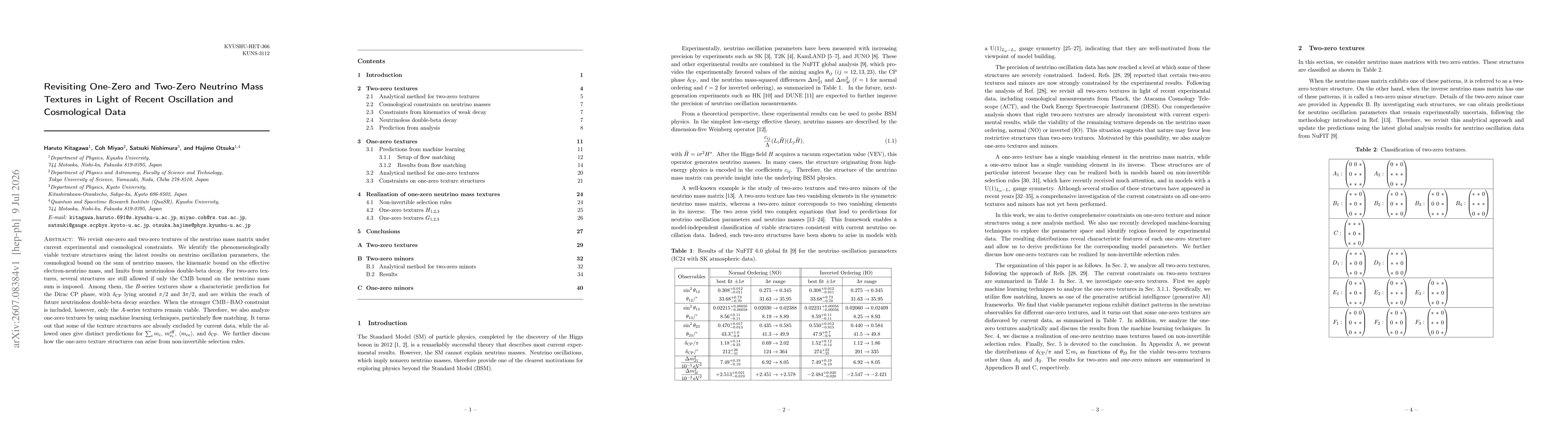 Thumbnail for Revisiting One-Zero and Two-Zero Neutrino Mass Textures in Light of Recent Oscillation and Cosmological Data