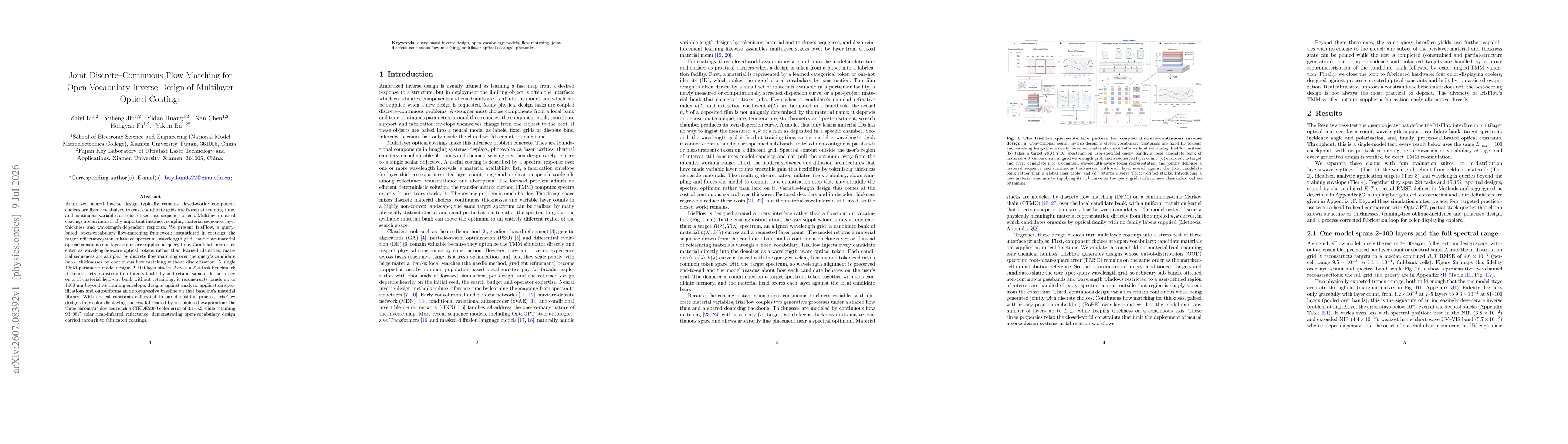 Thumbnail for Joint Discrete-Continuous Flow Matching for Open-Vocabulary Inverse Design of Multilayer Optical Coatings