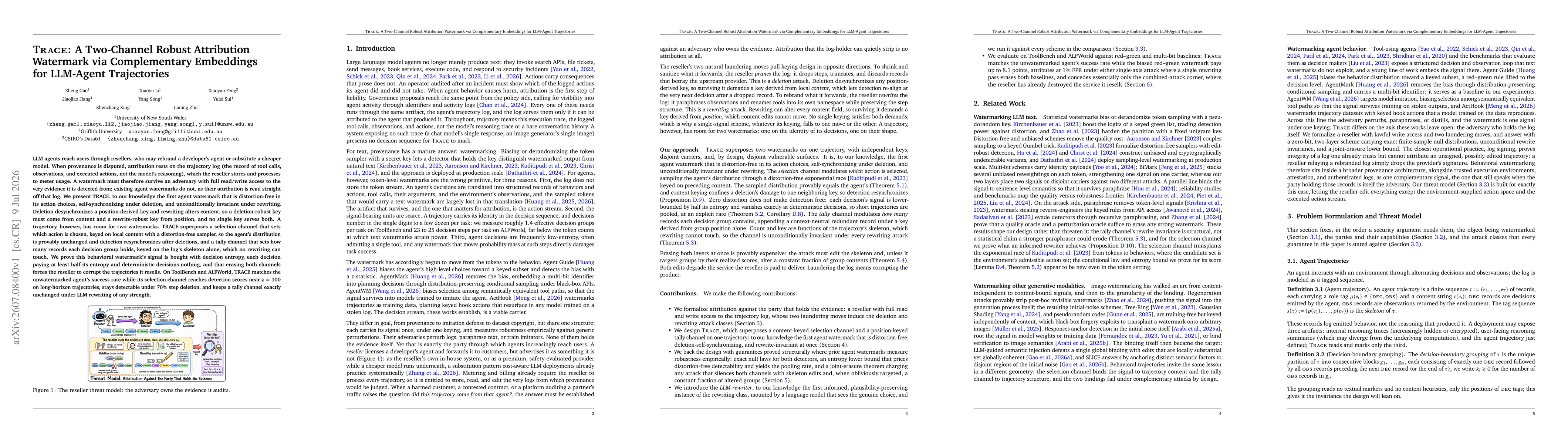 Thumbnail for TRACE: A Two-Channel Robust Attribution Watermark via Complementary Embeddings for LLM-Agent Trajectories