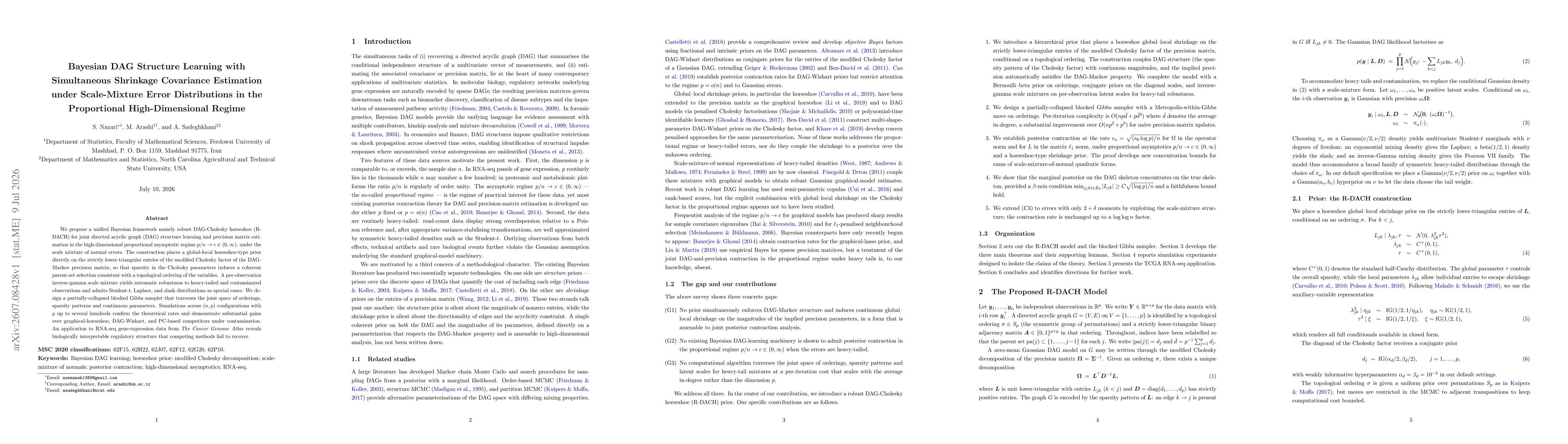 Thumbnail for Bayesian DAG Structure Learning with Simultaneous Shrinkage Covariance Estimation under Scale-Mixture Error Distributions in the Proportional High-Dimensional Regime
