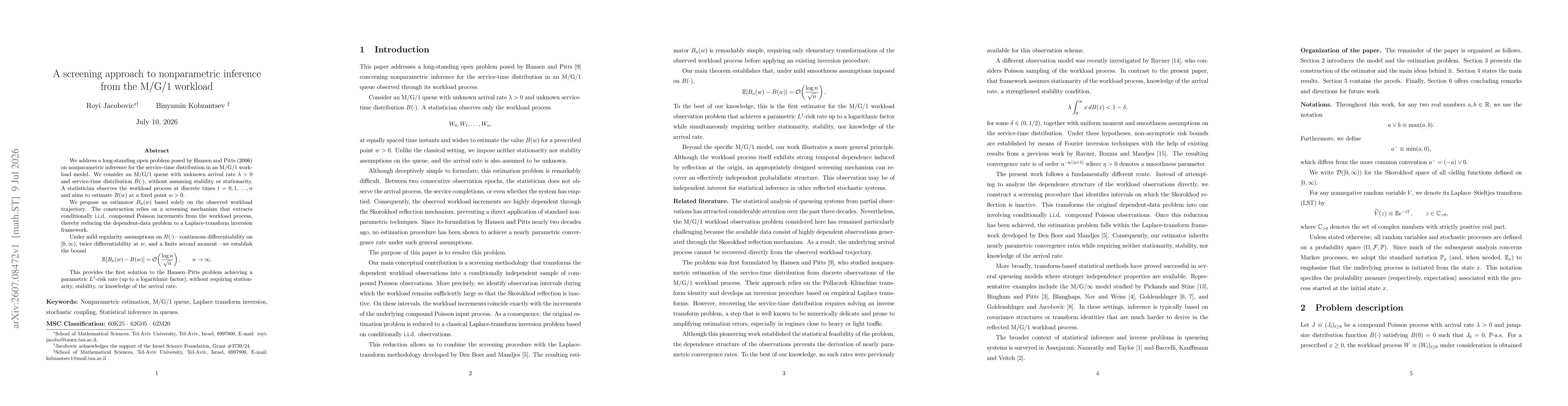 Thumbnail for A screening approach to nonparametric inference from the M/G/1 workload