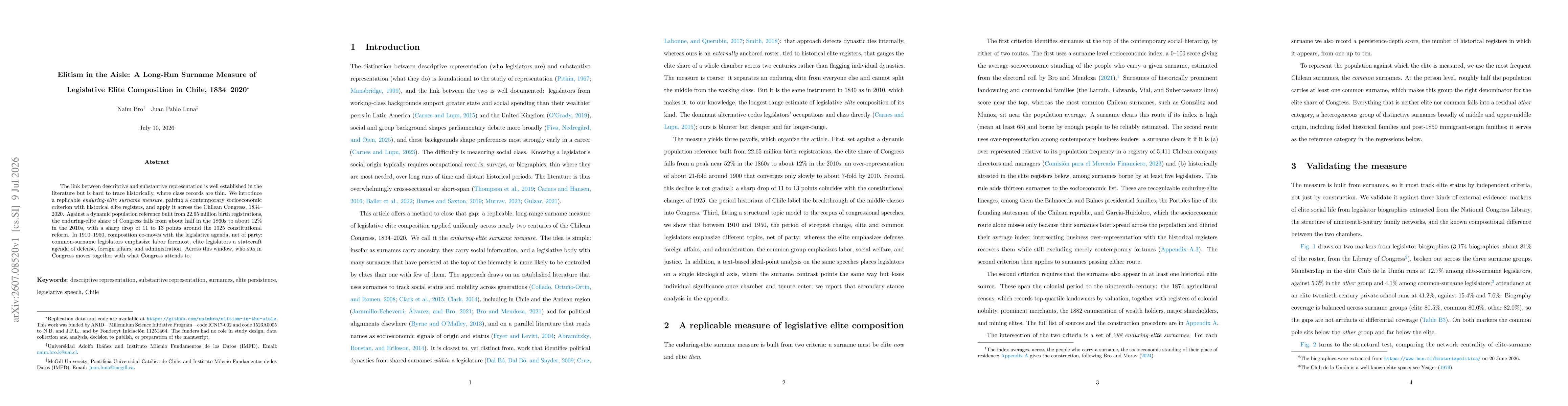 Thumbnail for Elitism in the Aisle: A Long-Run Surname Measure of Legislative Elite Composition in Chile, 1834-2020